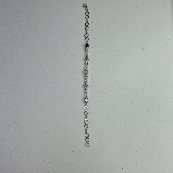 Sterling Silver 925 Bracelet With 3 Multi-Color Gemstones & Infinity Link Design - Picture 8 of 10